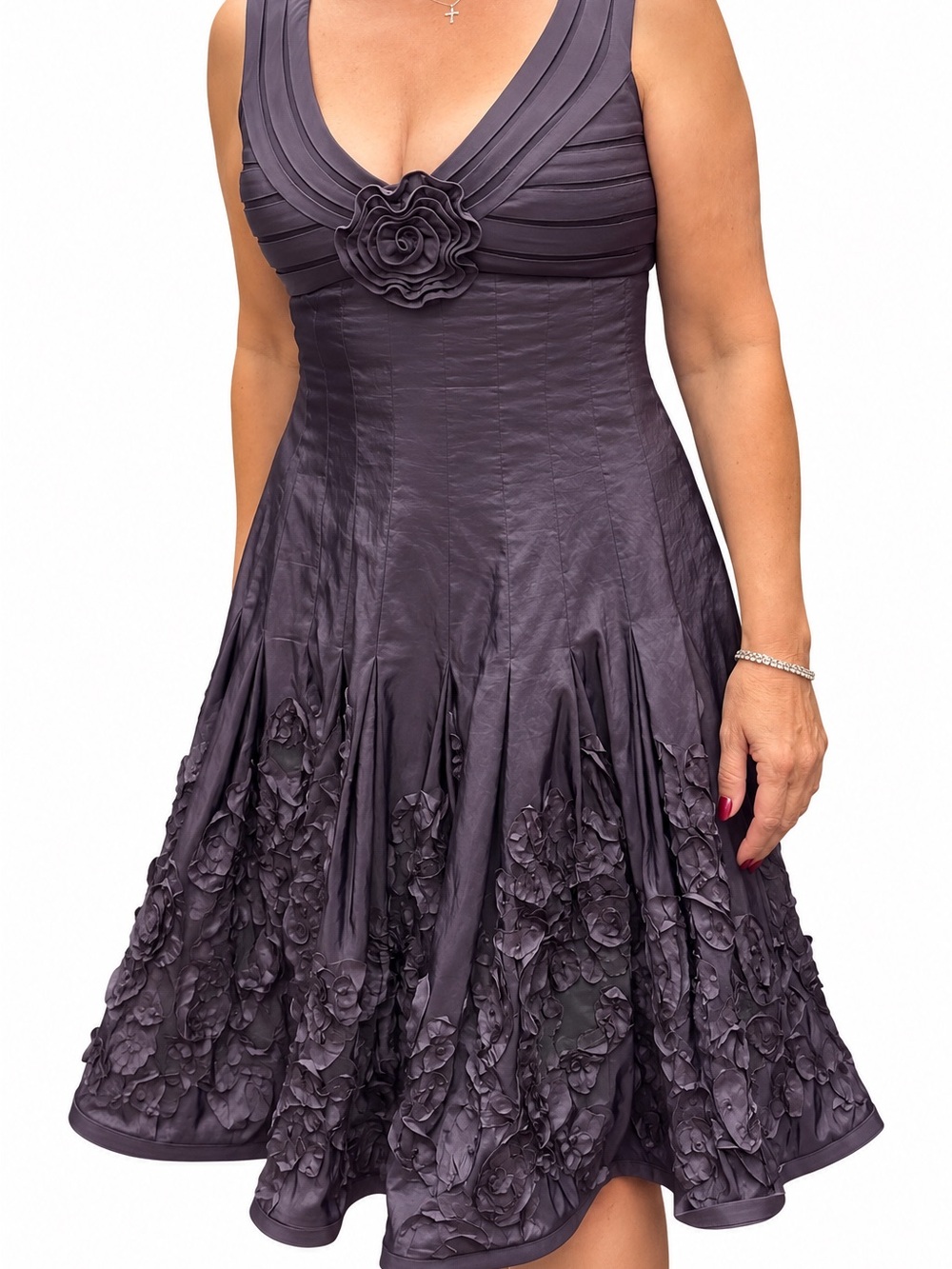 Adrianna Papell Plum Floral Appliqué V-Neck Midi Dress